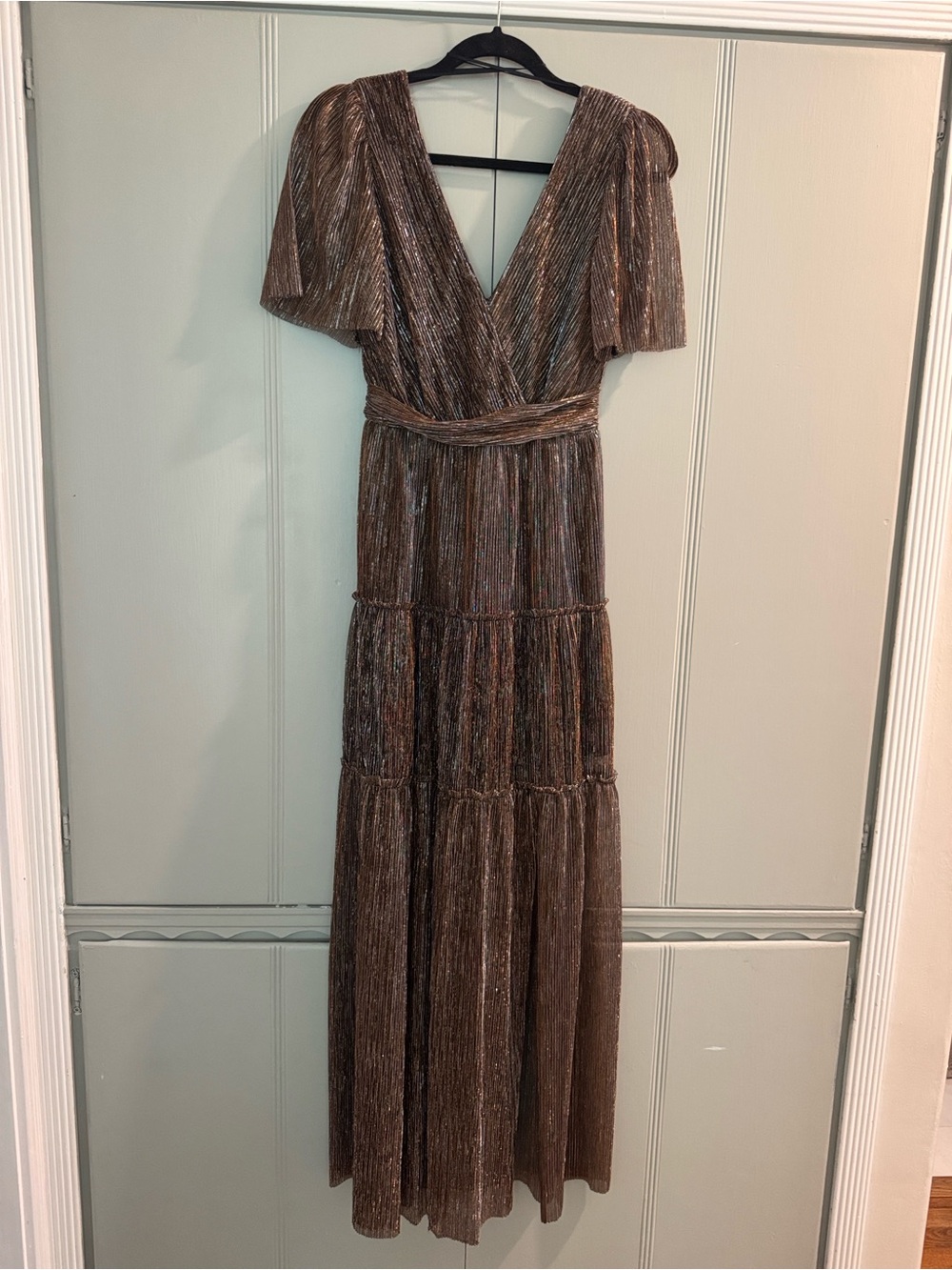 Shimmery Bronze Backless Tiered Maxi Dress